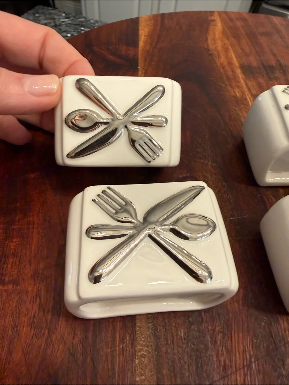 Set of 6 Ceramic Pottery Barn Napkin Ring Holders White Silver Fork Spoon New